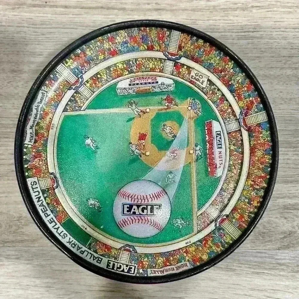 Vintage Eagle Nuts Baseball Ballpark Style Peanuts Themed 7" Aluminum Tin W Lid
